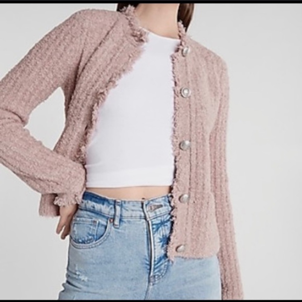 NWT Express Boucle Embellished Button‎ Fringe Sweater Jacket
